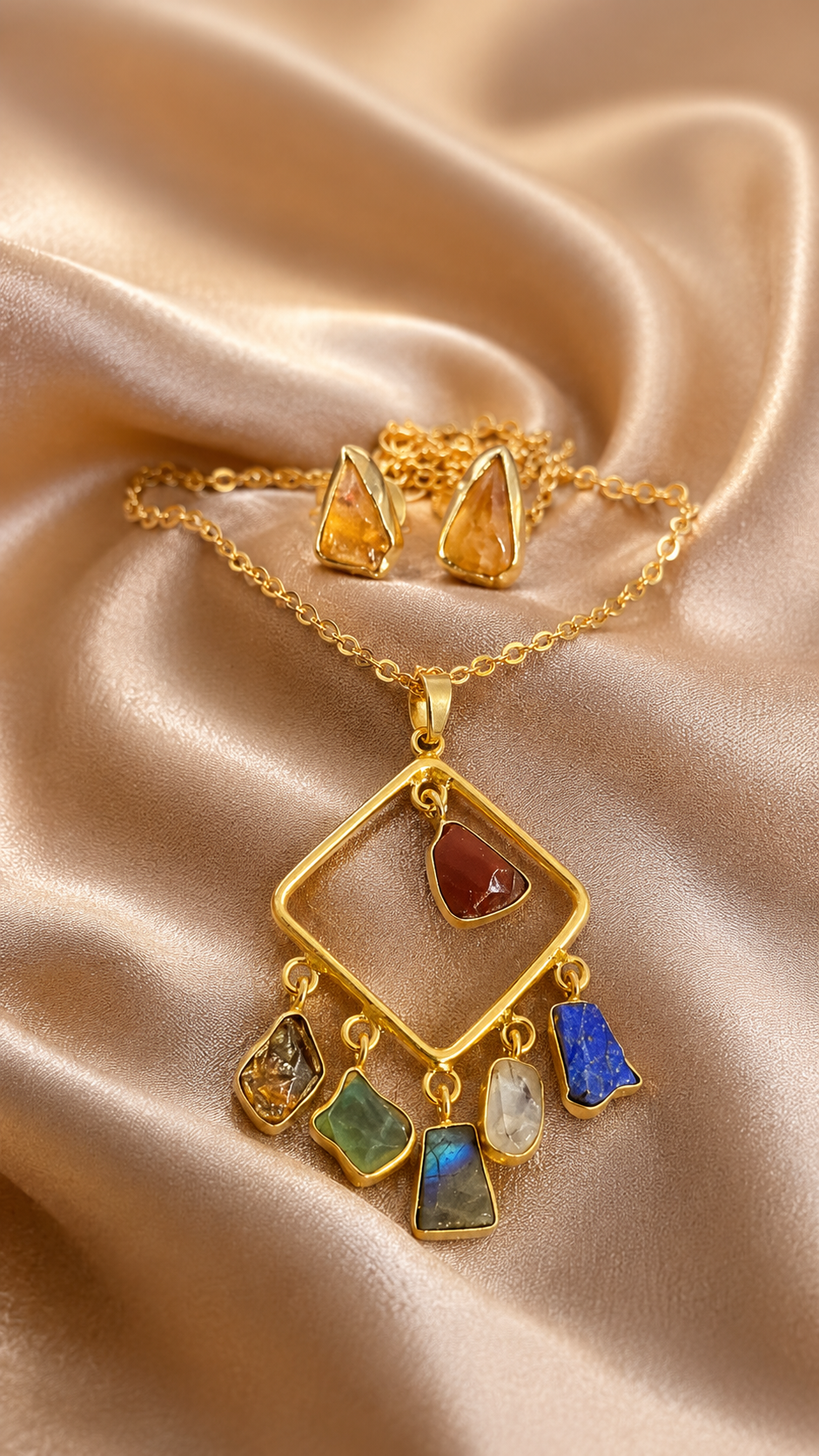 Semi- Precious Stone Square Chain Necklace with Studs