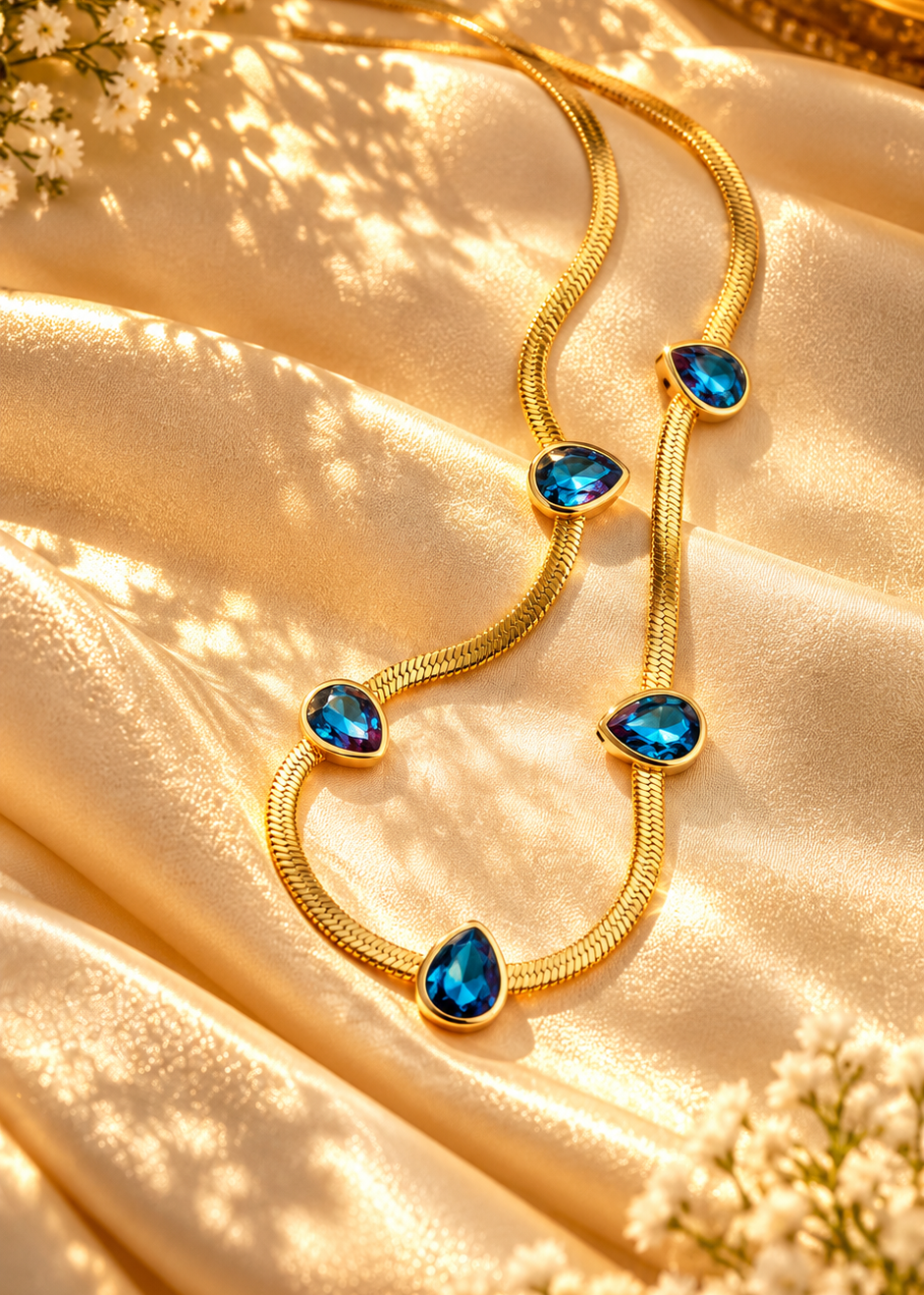 Blue Zircon Anti-tarnish Pendent with Golden Chain