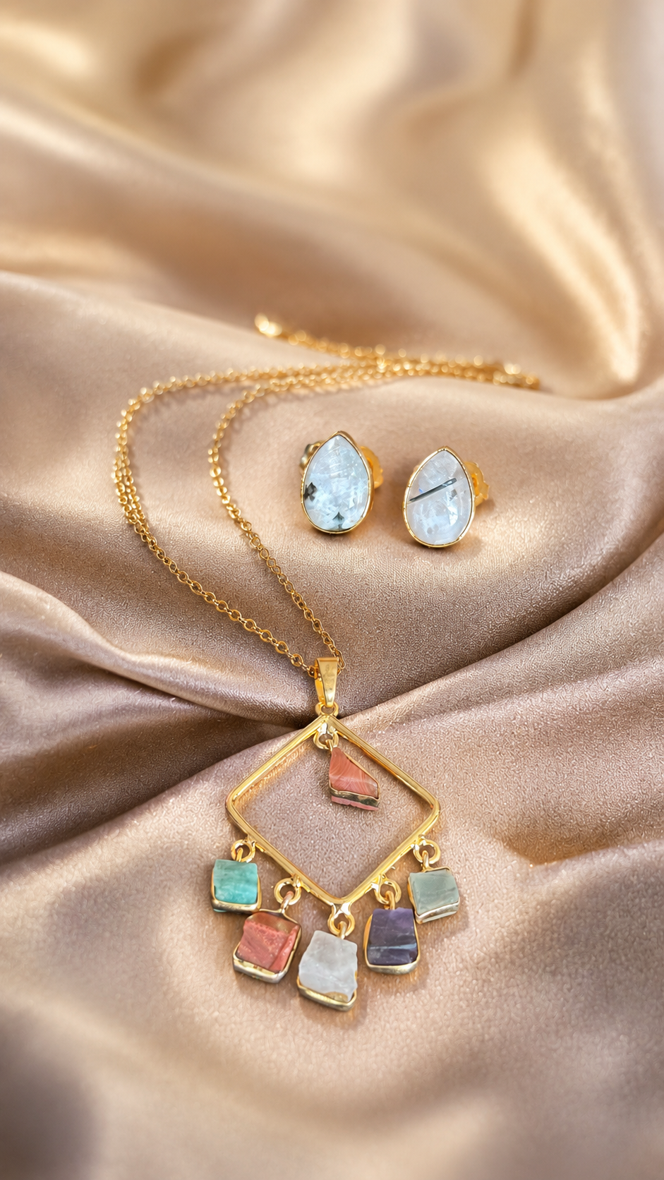 Semi- Precious Stone Square Chain Necklace with Studs