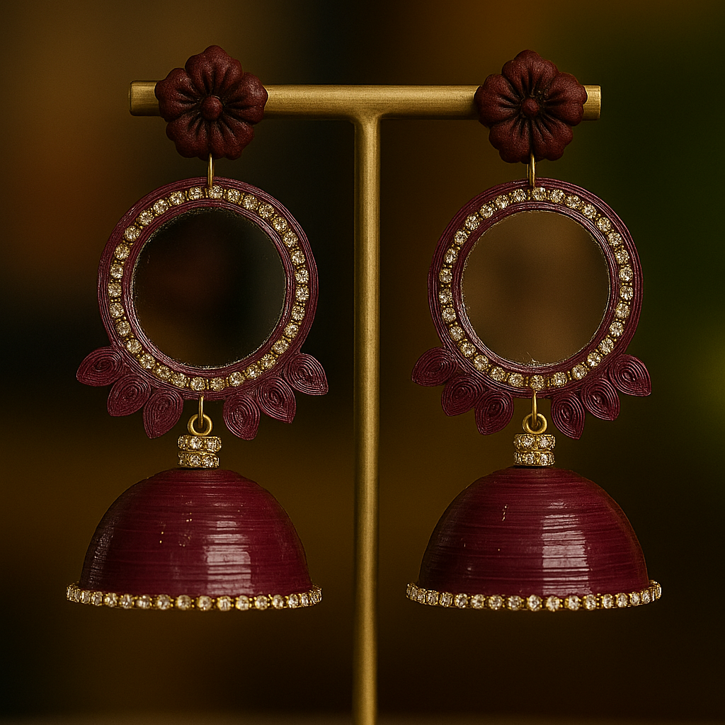 Burgundy 3 Layered Flower Mirror Jhumka || Size: 10cm*5cm*5cm