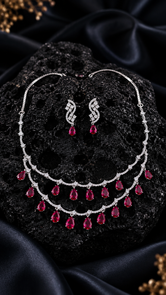 Ruby double layer Diamond Zirconia Necklace Set