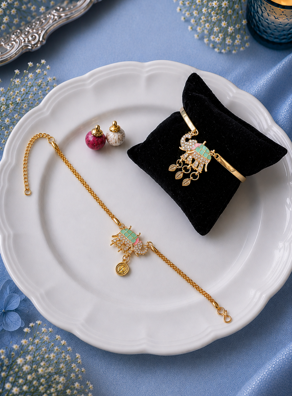 Pastel Green Kundan Elephant Bhai Chain Rakhi and Bhabhi Bracelet [Set of 2]