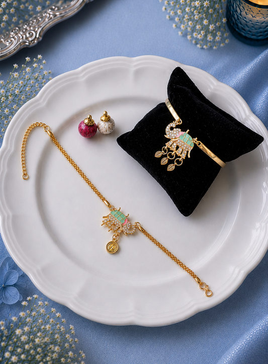 Pastel Green Kundan Elephant Bhai Chain Rakhi and Bhabhi Bracelet [Set of 2]