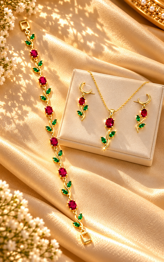 Trendy Tulip Necklace set with Earrings and Bracelet Combo (Red-Green)