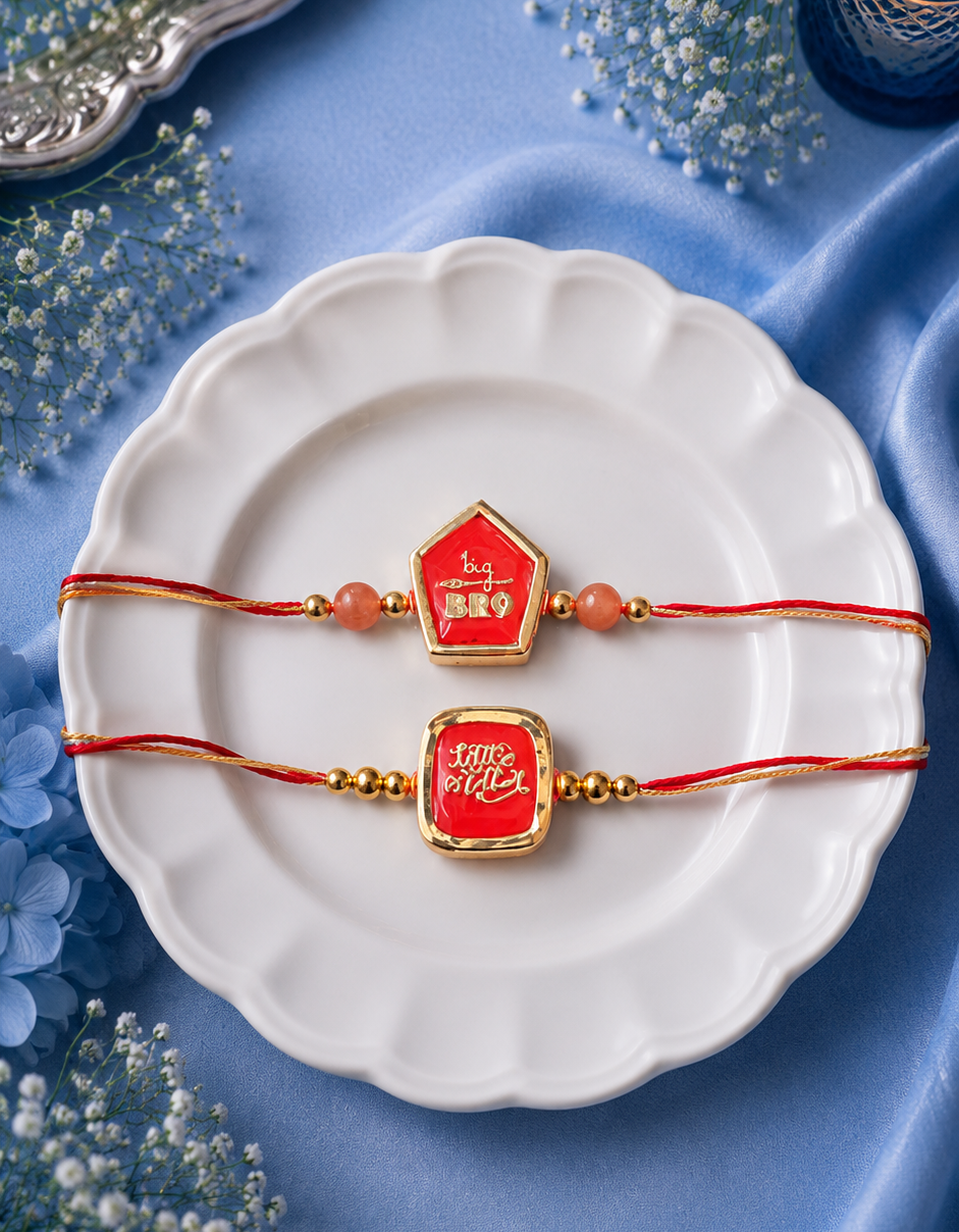 Big Brother and Little Brother Kundan Orange Rakhi Combo [Set of 2]