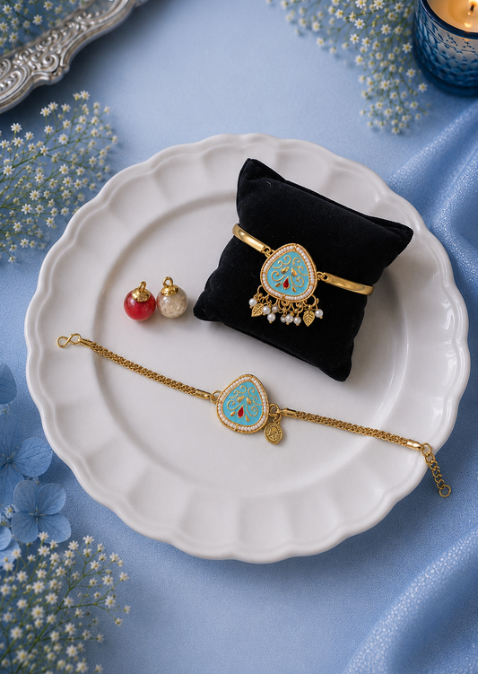 Pastel blue triangle Kundan Pentagon Bhai Chain Rakhi and Bhabhi Bracelet [Set of 2]