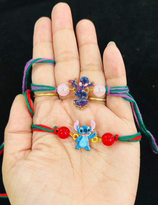 A Deadpool Charm Rakhi for Big Brother and Stitch Kids Rakhi for Lil one [Set of 2] with two Chocolates