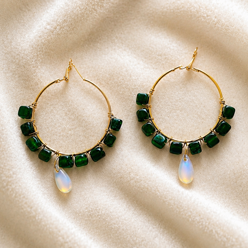 Square agate with moonlight drop Loop Earrings -4.5 cm diameter