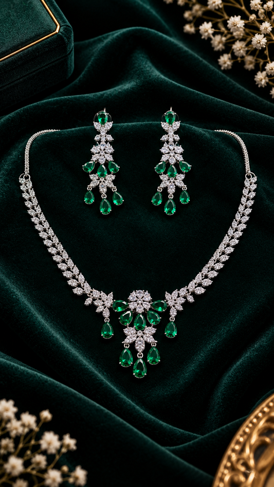 Emerald Green flower & Zirconia Necklace Set