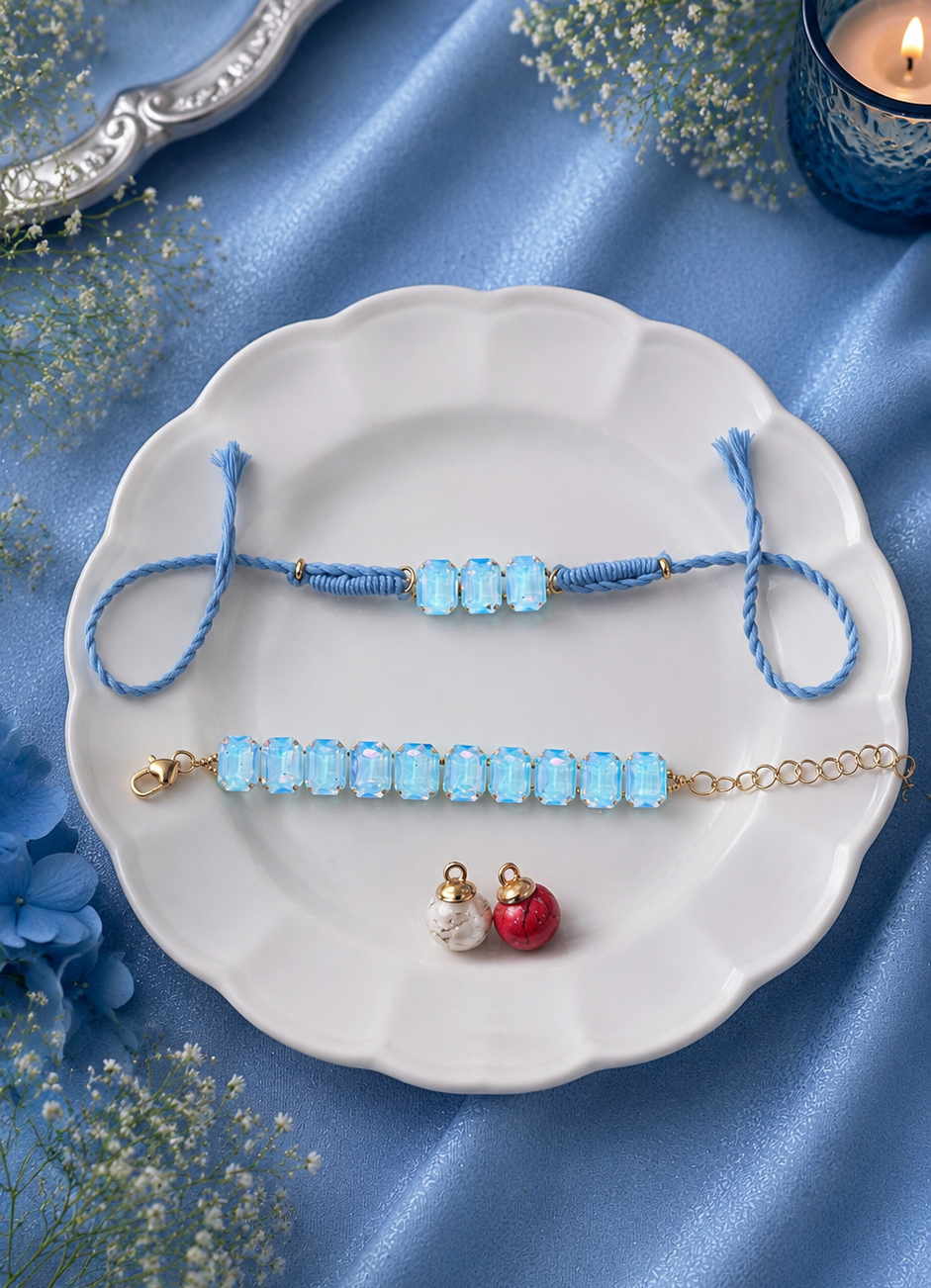 Blue Opal Stone Bhai Rakhi and Bhabhi Bracelet [Set of 2]
