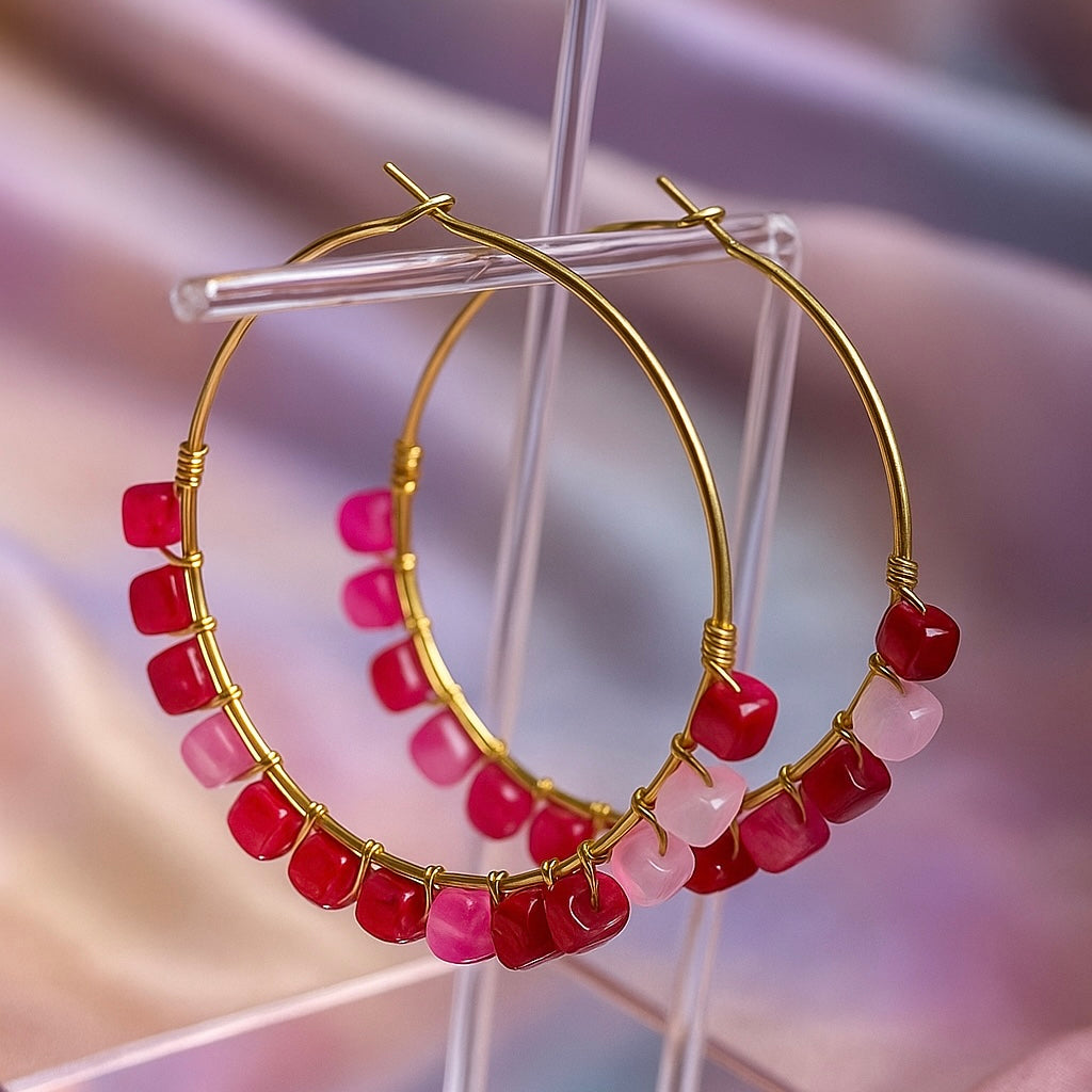 Cube Natural Stones Loop and Hoop Earrings - || Size: 7.5 cm Dia