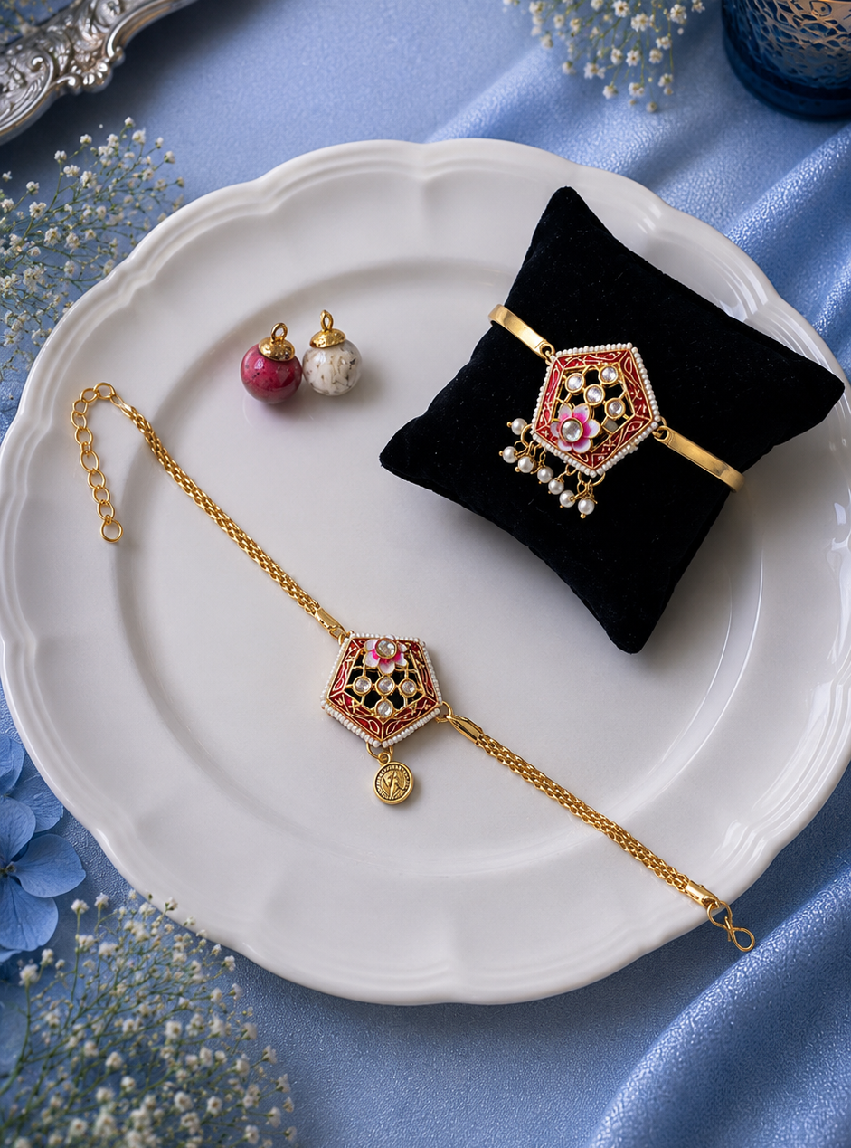 Red Kundan Pentagon Bhai Chain Rakhi and Bhabhi Bracelet [Set of 2]