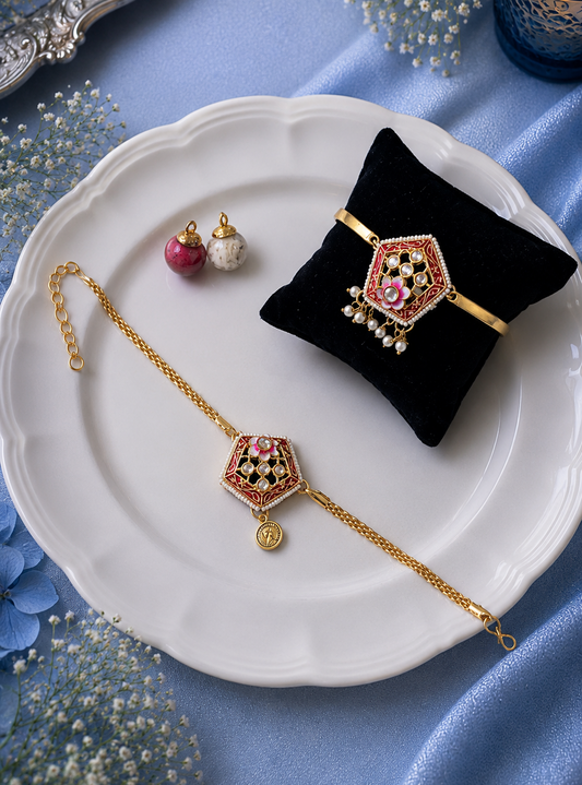 Red Kundan Pentagon Bhai Chain Rakhi and Bhabhi Bracelet [Set of 2]