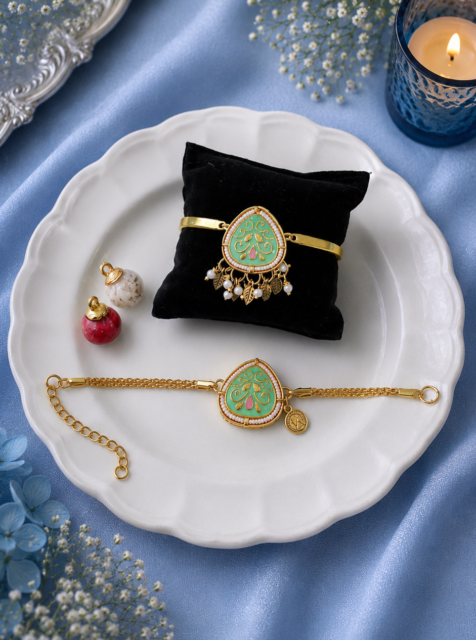 Pastel Green triangle Kundan Bhai Chain Rakhi and Bhabhi Bracelet [Set of 2]