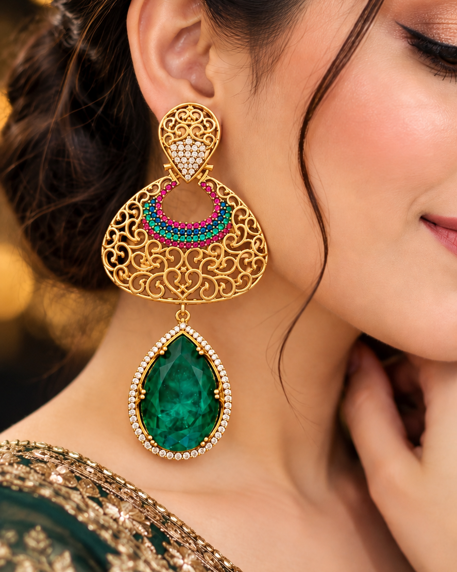 Éclat Green Emerald Mossanite Gold Finish Earrings