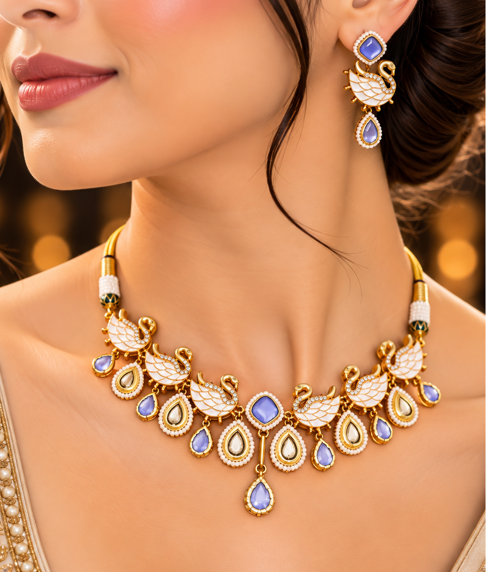 Light Purple-White Swan Kundan Choker Set