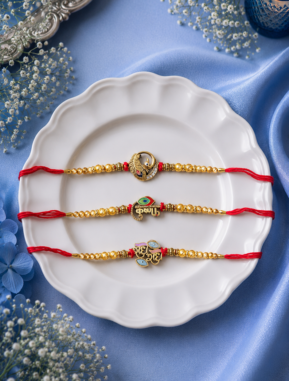 Traditional Krishna theme rakhi - Set of 3