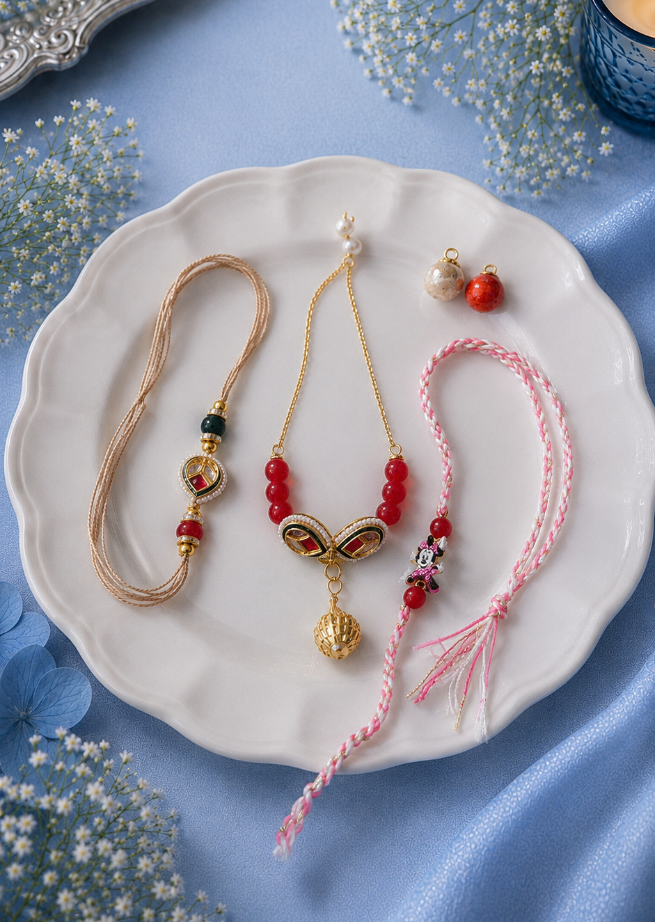 Leaf Kundan Bhai & Bhabhi Bracelet Rakhi with Kid Rakhi [Set of 3]