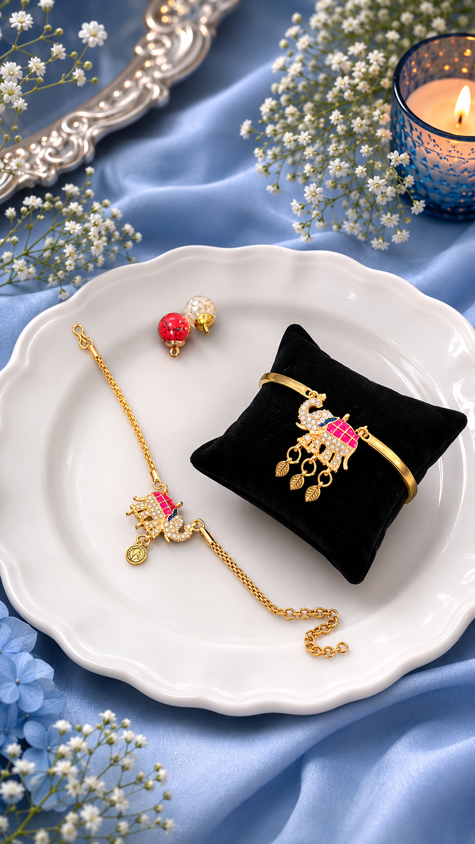 Pink Kundan Elephant Bhai Chain Rakhi and Bhabhi Bracelet [Set of 2]