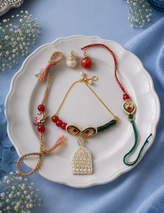 Leaf Kundan Bhai & Bhabhi Bracelet Rakhi with Kids Rakhi [Set of 3]