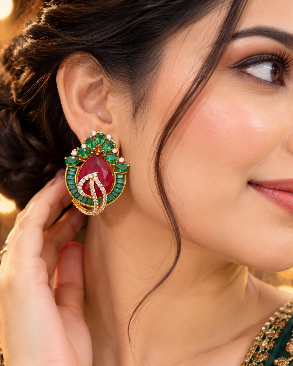 Ruby & Emerald Leaf Moissanite Studs