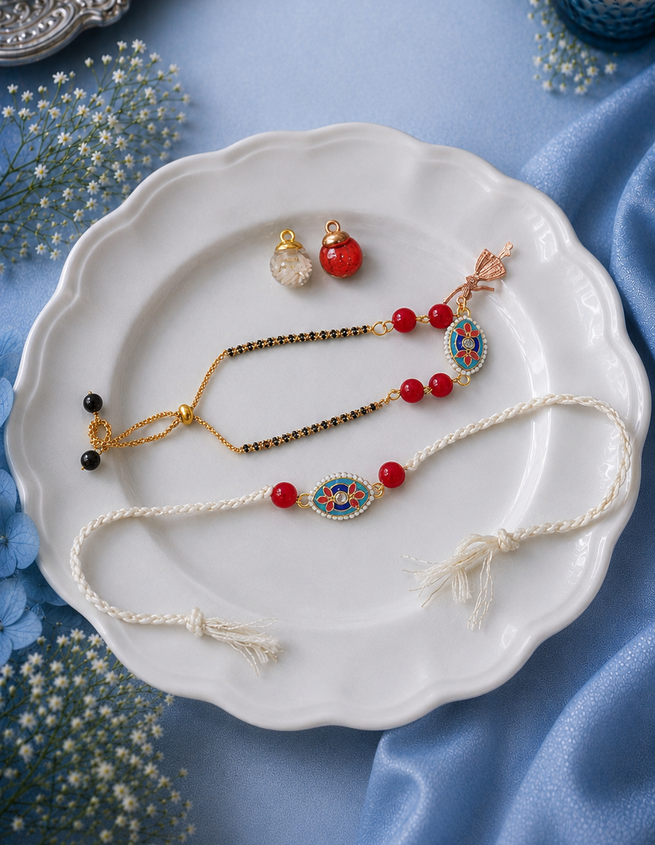 Designer Rakhi and Dancing doll Bracelet Set for Bhai Bhabhi with Roli Chawal