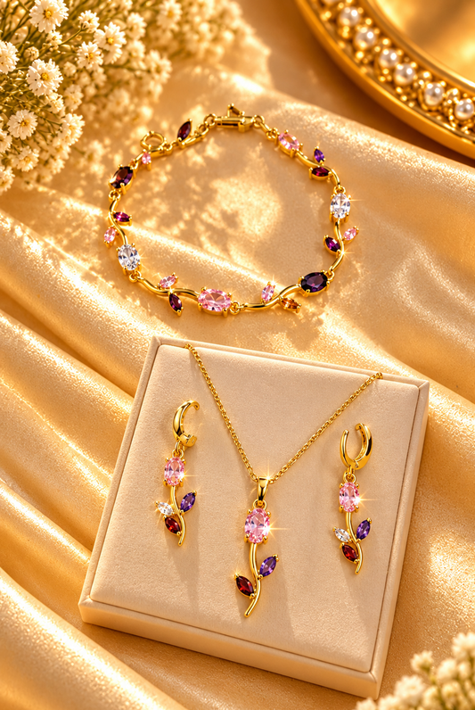 Trendy Tulip Necklace set with Earrings and Bracelet Combo (Purple-Pink)