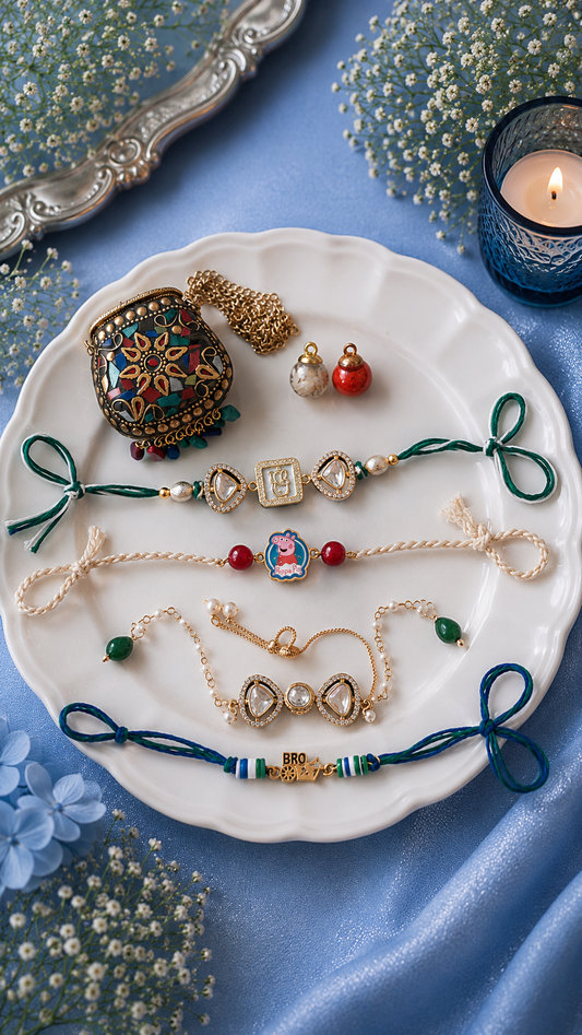 Family Rakhi [Set of 4] with Premium Brass Pouch - Gift for Bhabhi Combo