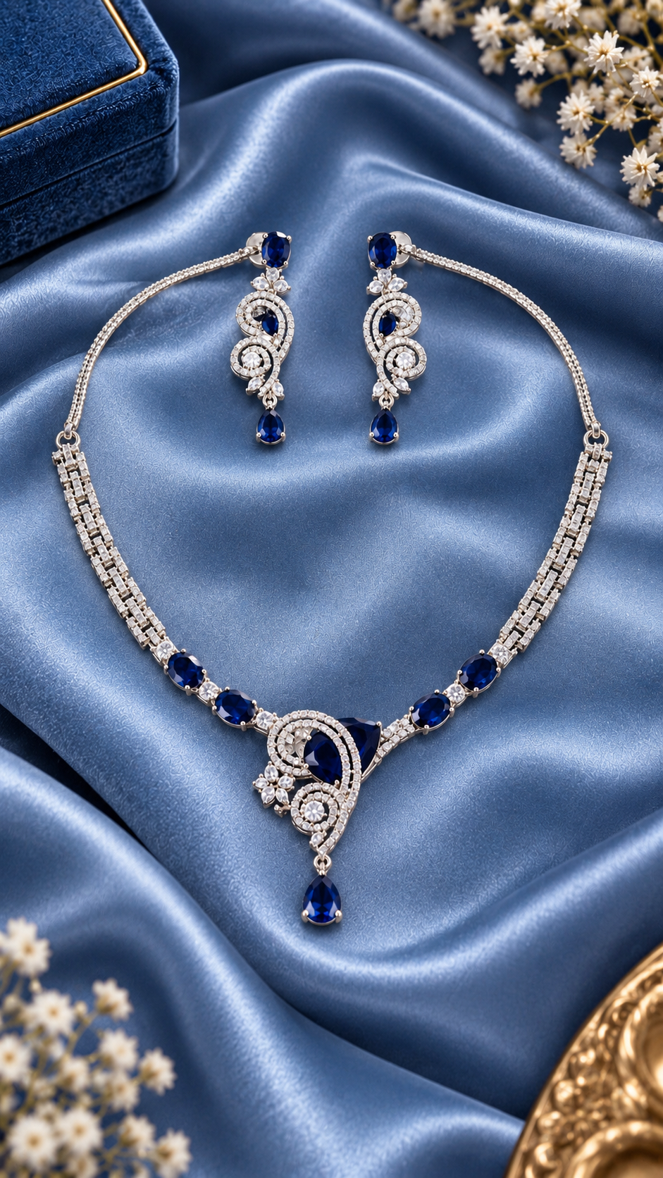 Blue Stone & Diamond Zirconia Necklace Set