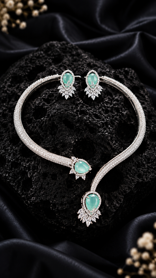 Mint Stone & Diamond Zirconia Necklace Collar Set