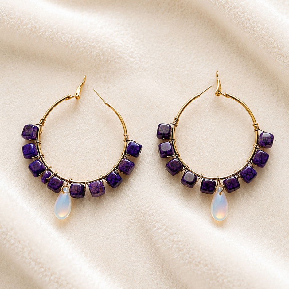 Square agate with moonlight drop Loop Earrings -4.5 cm diameter