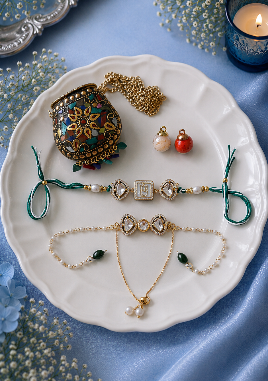 Kundan Ganesha and Bow Bhai and Bhabhi Rakhi with Premium Brass Pouch - Gift for Bhabhi Combo