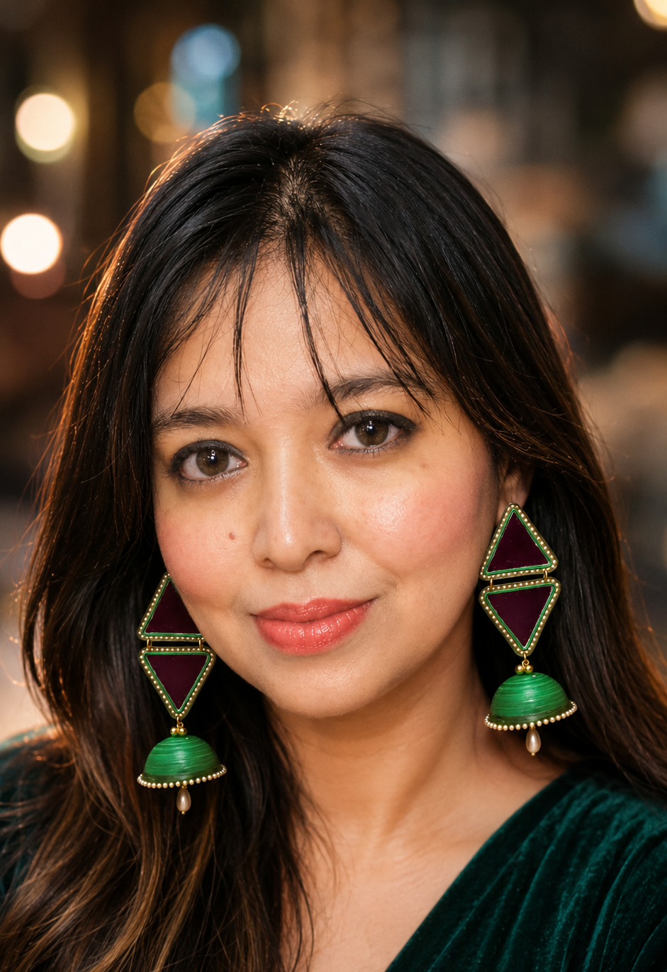 Green 3-layered Jhumka with Mirror and Pearl Latkan || Size: 10cm*4.5cm*4.5cm