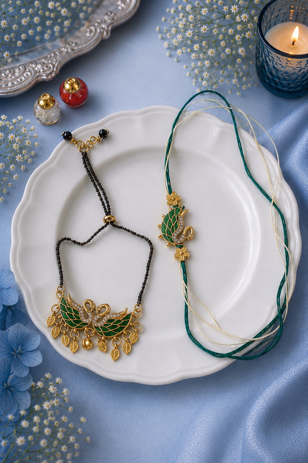 Beautiful Green Swam Bhaiya and Bhabhi Rakhi [Set of 2]