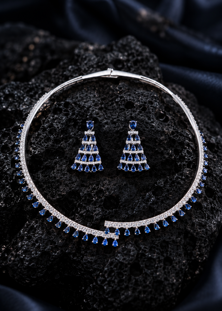 Blue Stone & Diamond Zirconia Necklace Collar Set