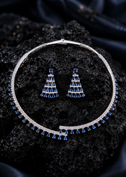 Blue Stone & Diamond Zirconia Necklace Collar Set