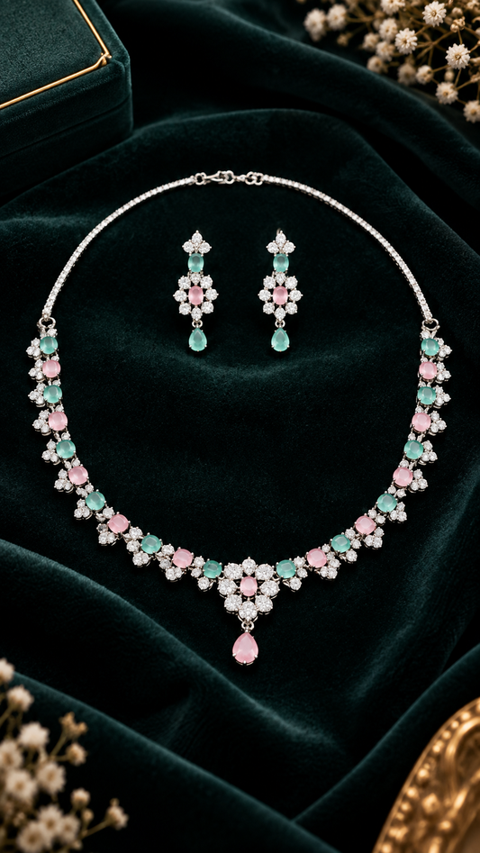 Pastel Mint-Pink Stone & Diamond Zirconia Necklace Set