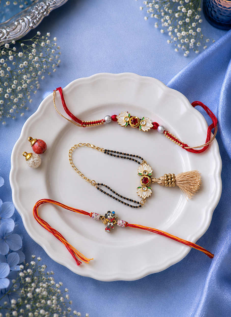 White Lotus Bhai Bhabhi and Kid Cartoon Rakhi [Set of 3]