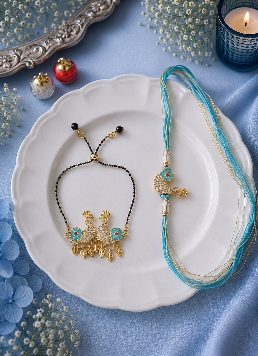 Beautiful Pastel blue Bhaiya and Bhabhi Rakhi [Set of 2]