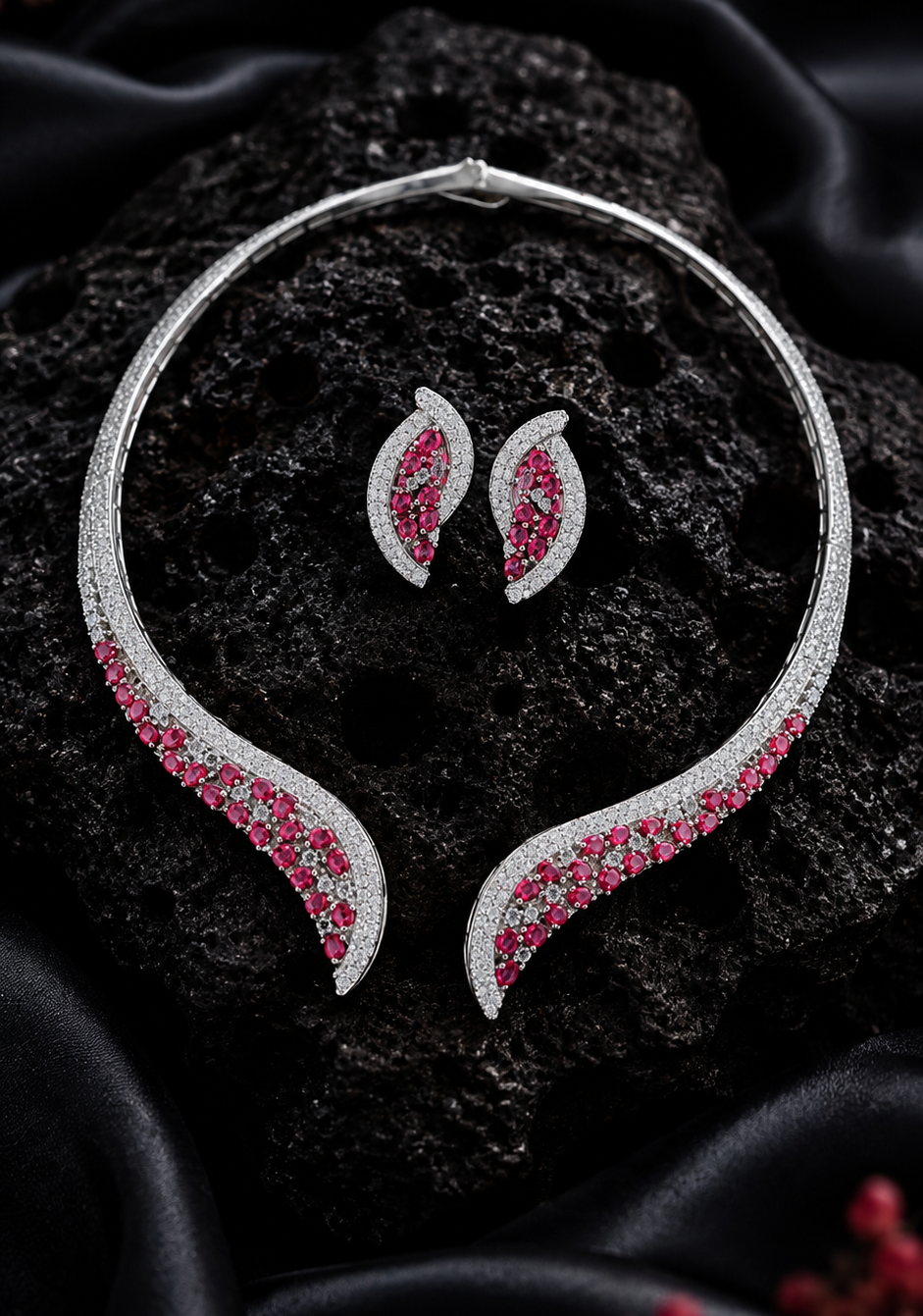 Ruby & Diamond Zirconia Necklace Collar Set