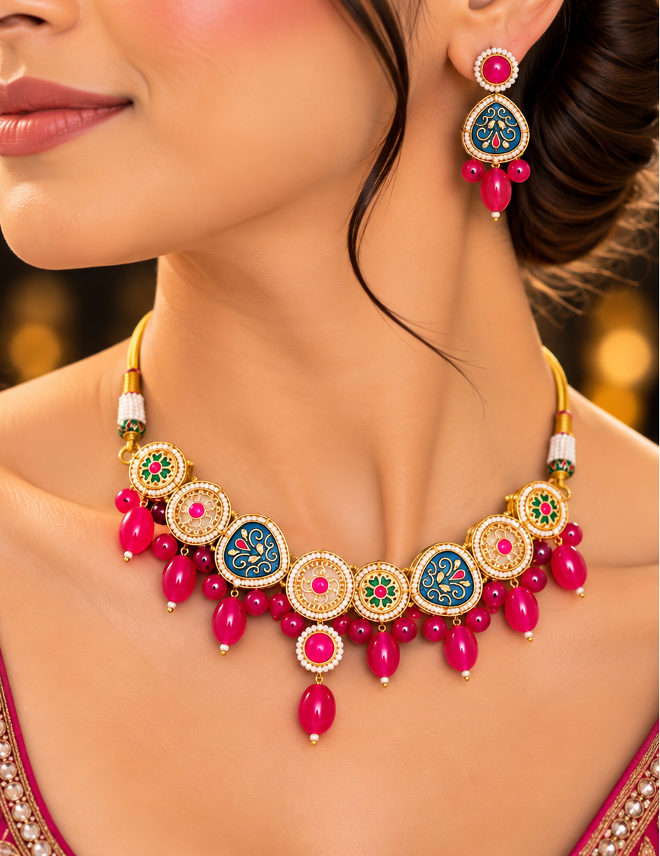 Navy & Pink Kundan Choker Set