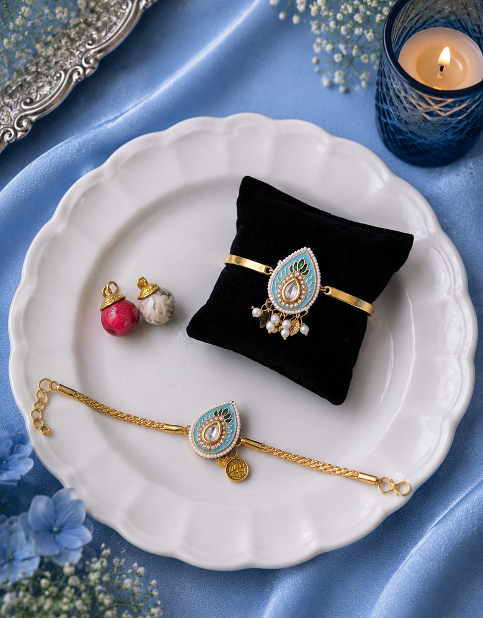 Blue Paan Bhai Chain Rakhi and Bhabhi golden Bracelet [Set of 2]