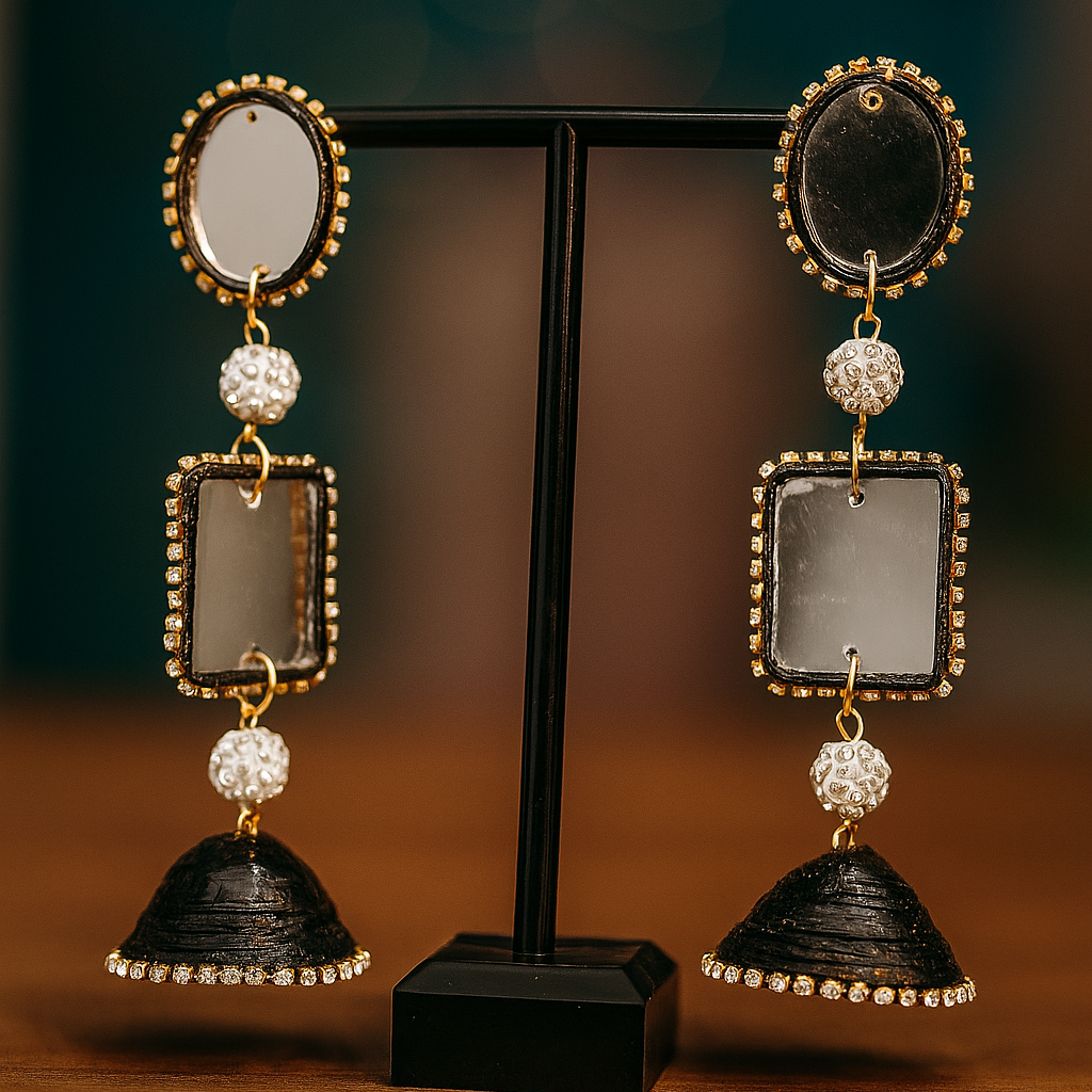 Mirror Long Black Jhumki || Size: 10cm*3.5cm*3.5cm
