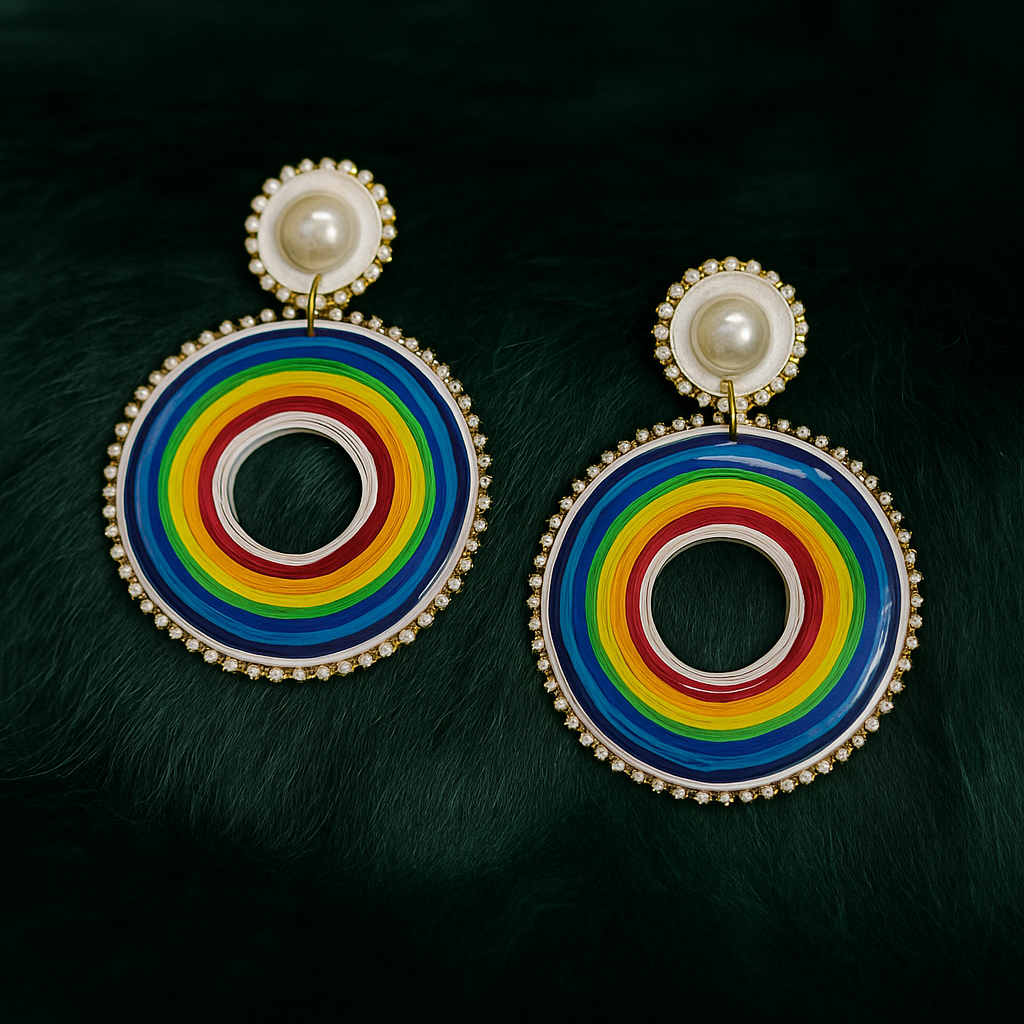 Rainbow Pearl and Halo Statement Earrings Dangler Style || Size: 8cm*5.5cm*1cm