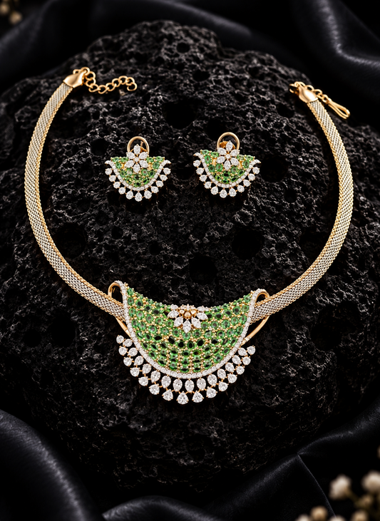 Green Stone & Diamond Zirconia Pendent Set