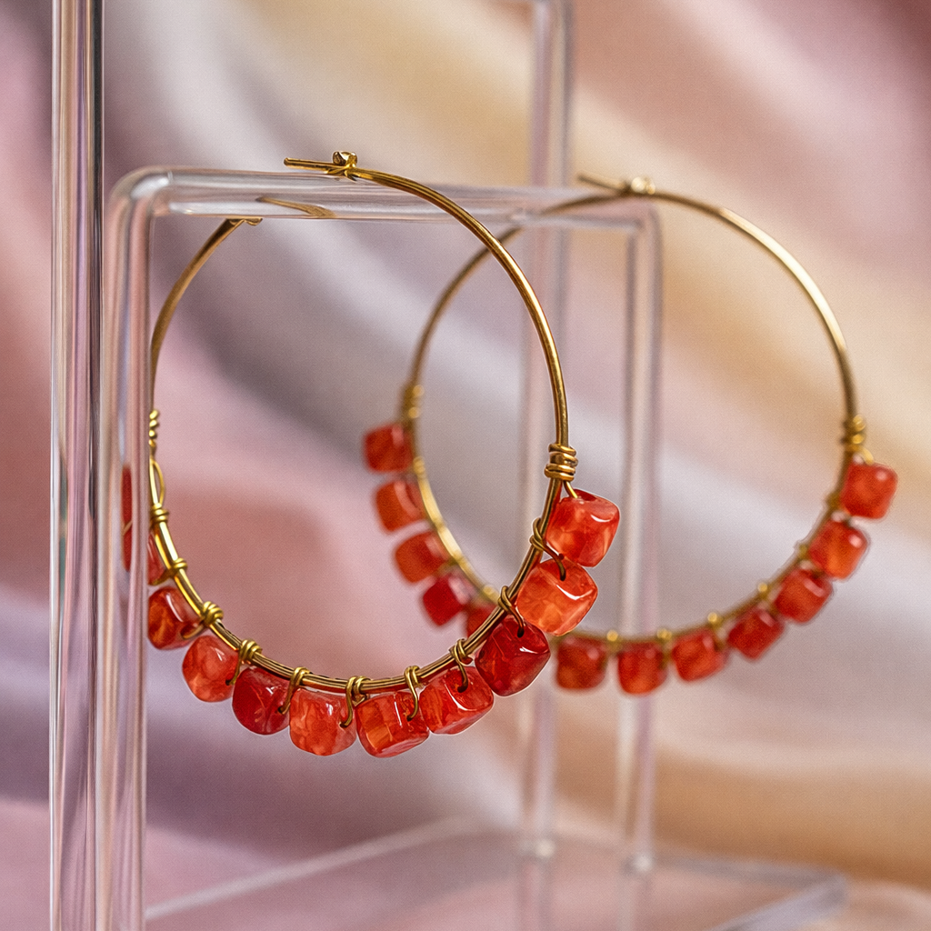 Cube Natural Stones Loop and Hoop Earrings - || Size: 7.5 cm Dia