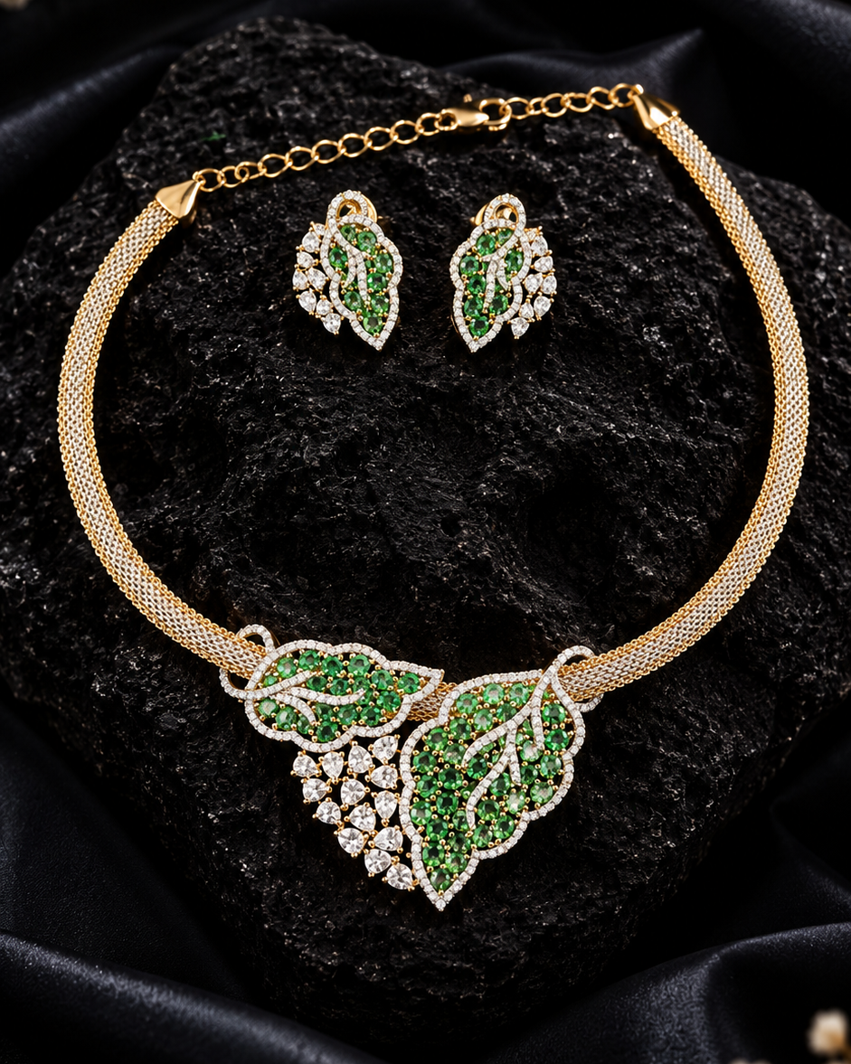 Green Leaf Stone & Diamond Zirconia Pendent Set