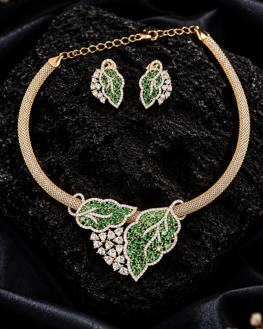 Green Leaf Stone & Diamond Zirconia Pendent Set