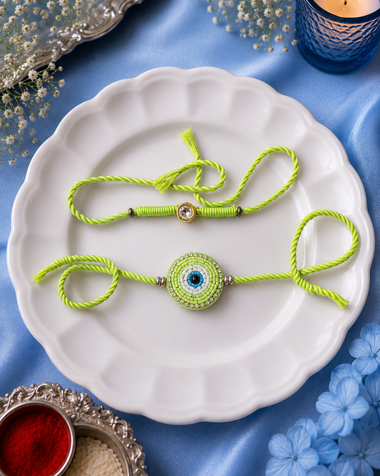 Light Green Evil Eye Rakhi and Gana Set [Set of 2]