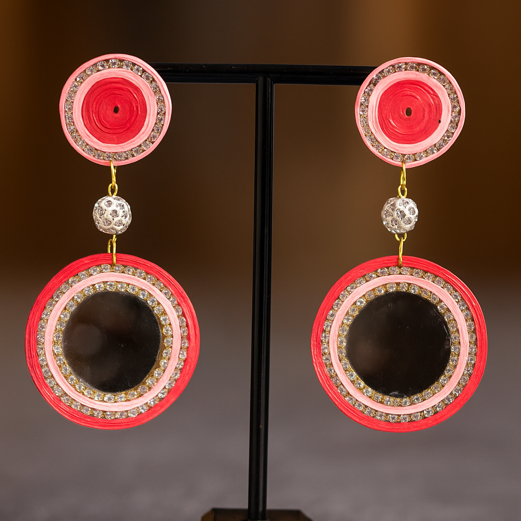 Pink Disk Mirror Earrings/ Hangings || Size: 9.5cm*4.5cm*1cm